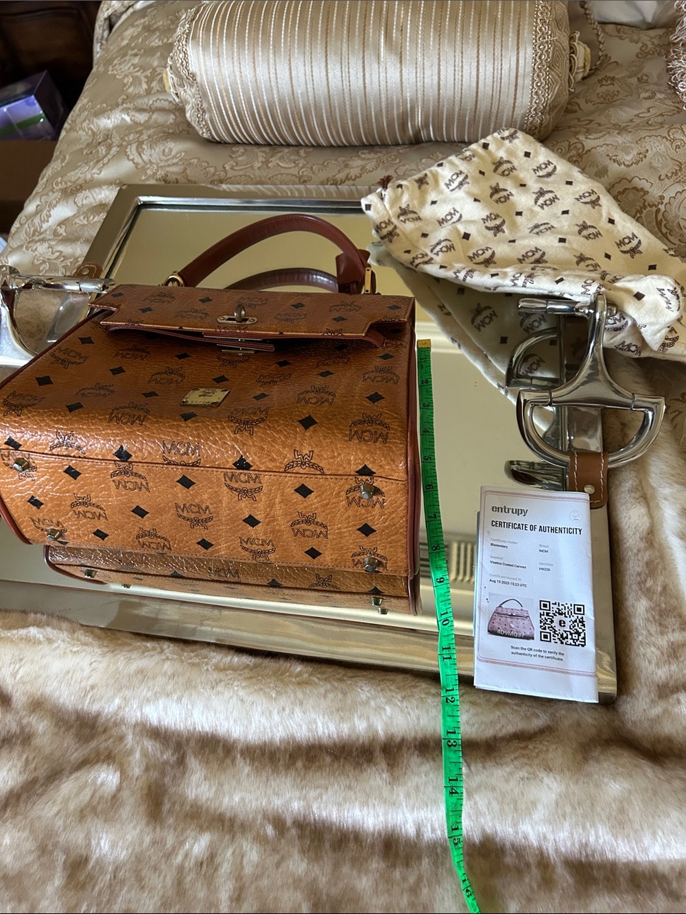 MCM Cognac Logo Visetos Top Handle Satchel with Gold Hardware lock w keys  COA - Picture 7 of 15